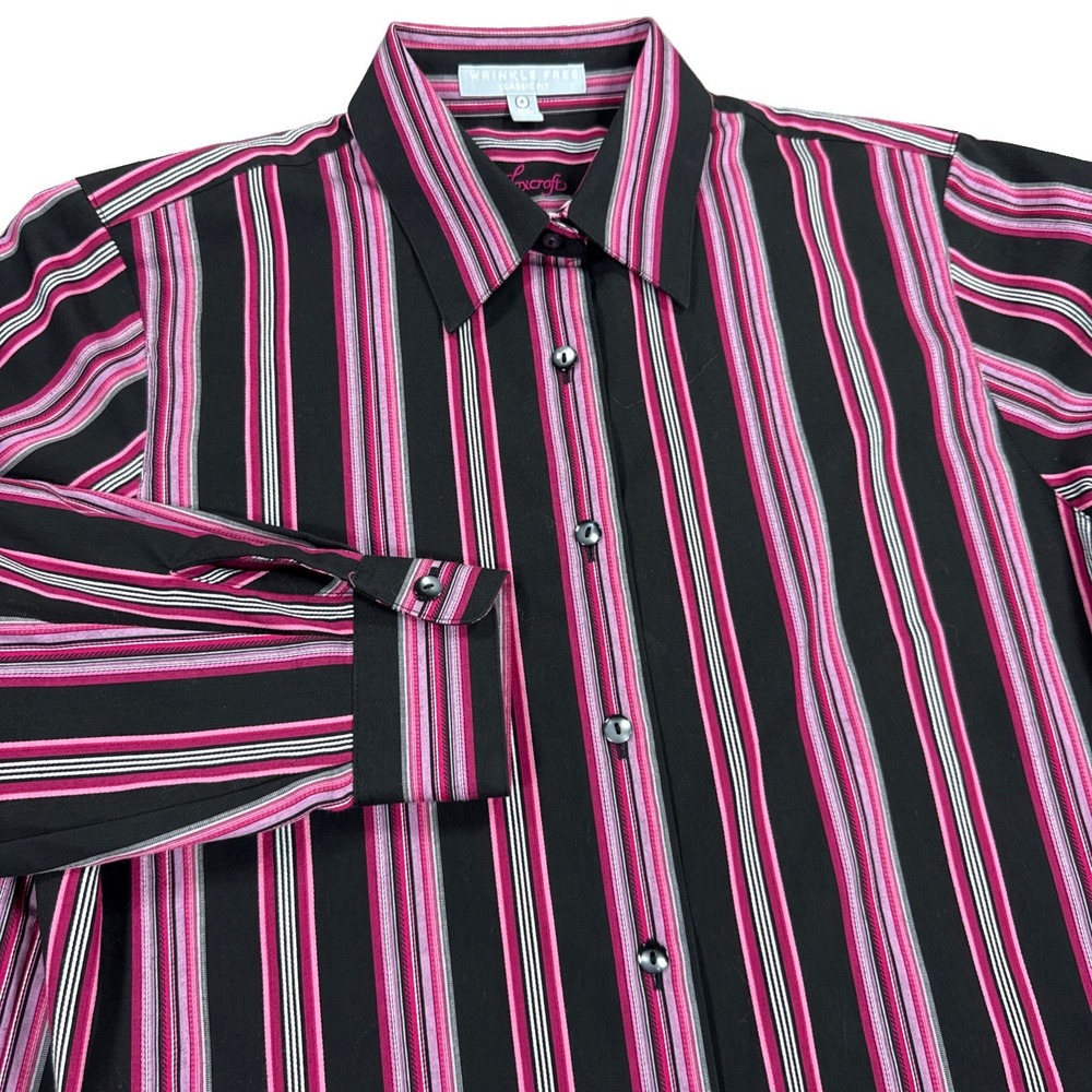 Foxcroft Shirt Women's M Size 8 Classic Fit Pink Black Striped Wrinkle Free